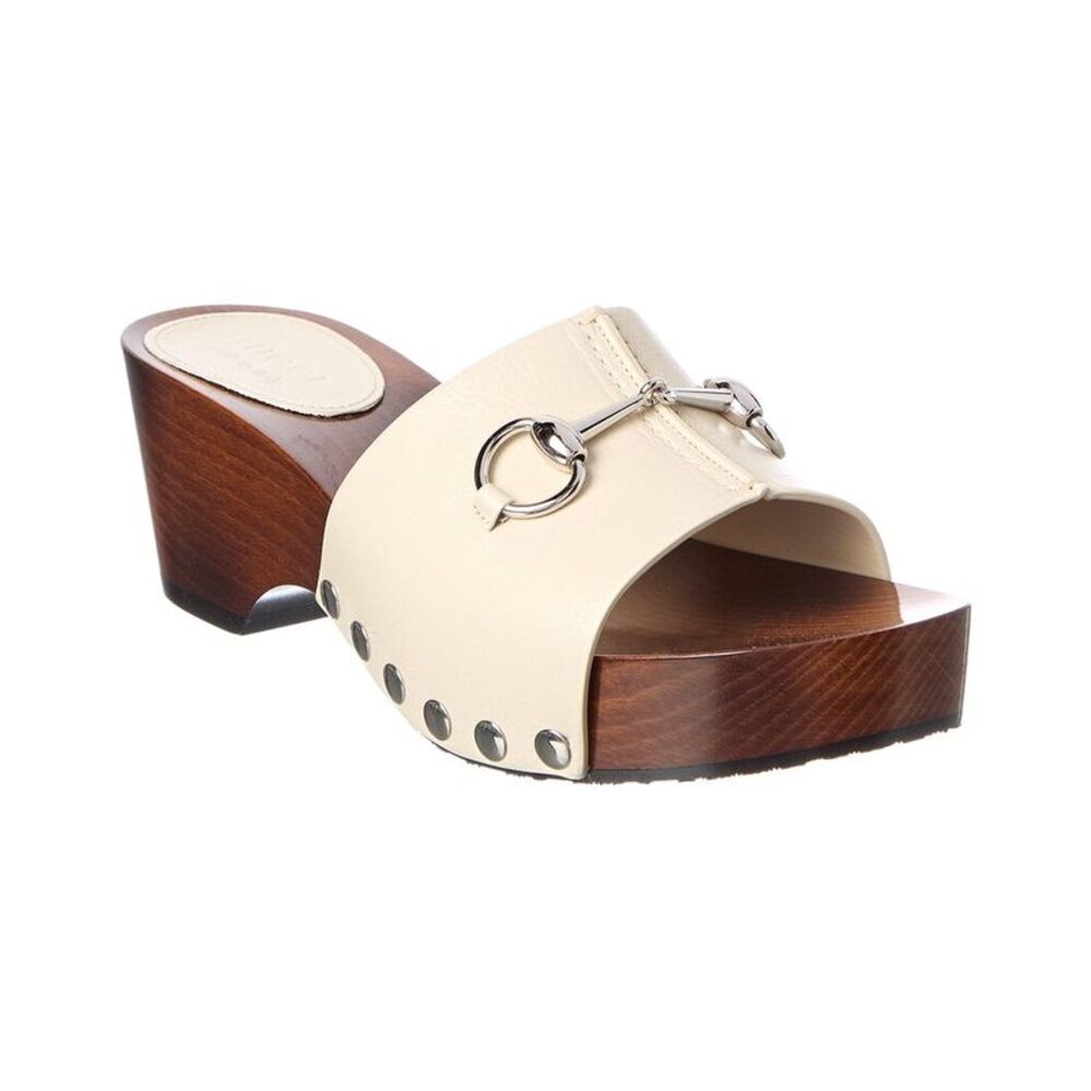 Gucci Horsebit Clog Leather Wedge Sandal, White
